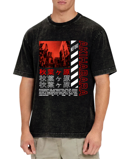Akihabara Text Vintage Washed T-shirt-Zazasy