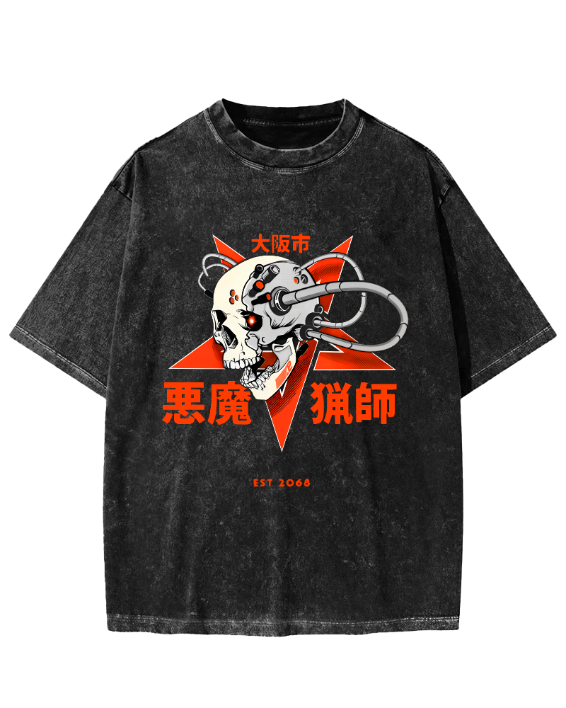 Japanese Style Demon Skull Pattern Vintage Distressed T-shirt-Zazasy