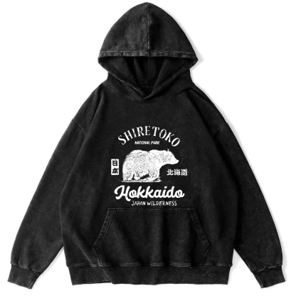 Japanese Writing Bear Pattern Vintage Distressed Hoodie-Zazasy