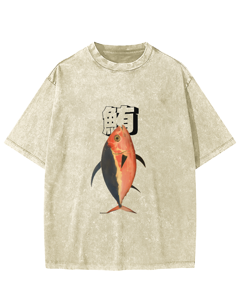Japanese Ocean Fish Pattern Vintage Distressed T-shirt-Zazasy
