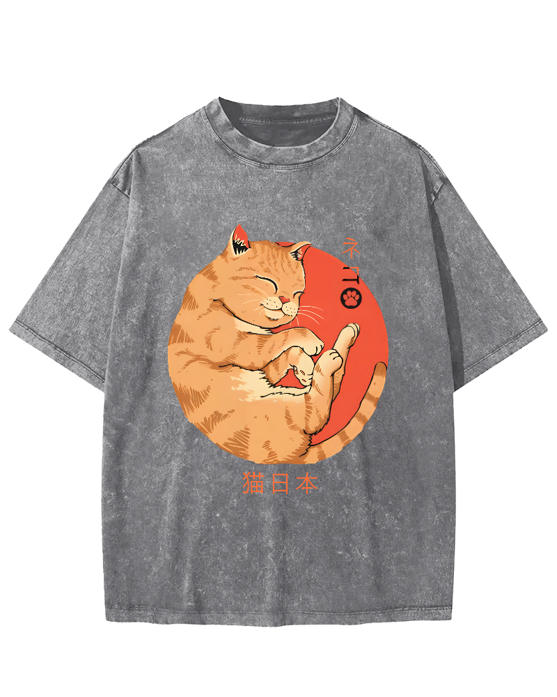 Lazy Japanese Cat Vintage Distressed T-shirt-Zazasy