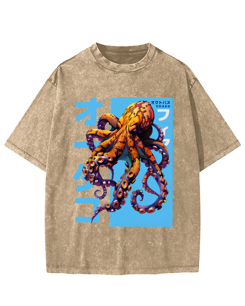 Octopus Monster Japanese Vintage Washed T-shirt-Zazasy