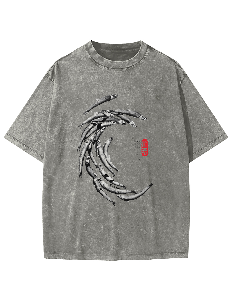 Japanese Fchool Of Fish Pattern Vintage Distressed T-shirt-Zazasy