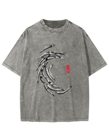 Japanese Fchool Of Fish Pattern Vintage Distressed T-shirt-Zazasy