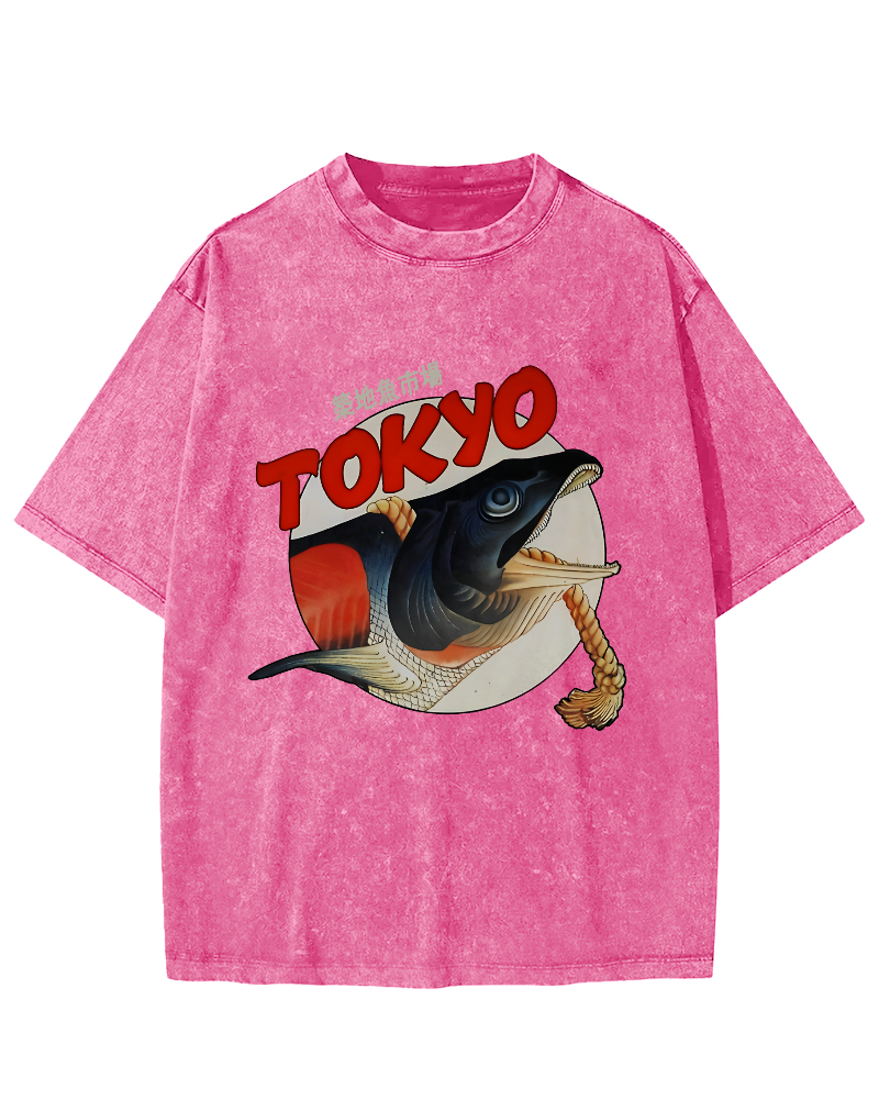 Tokyo Tsukiji Fish Market Vintage Washed T-shirt-Zazasy