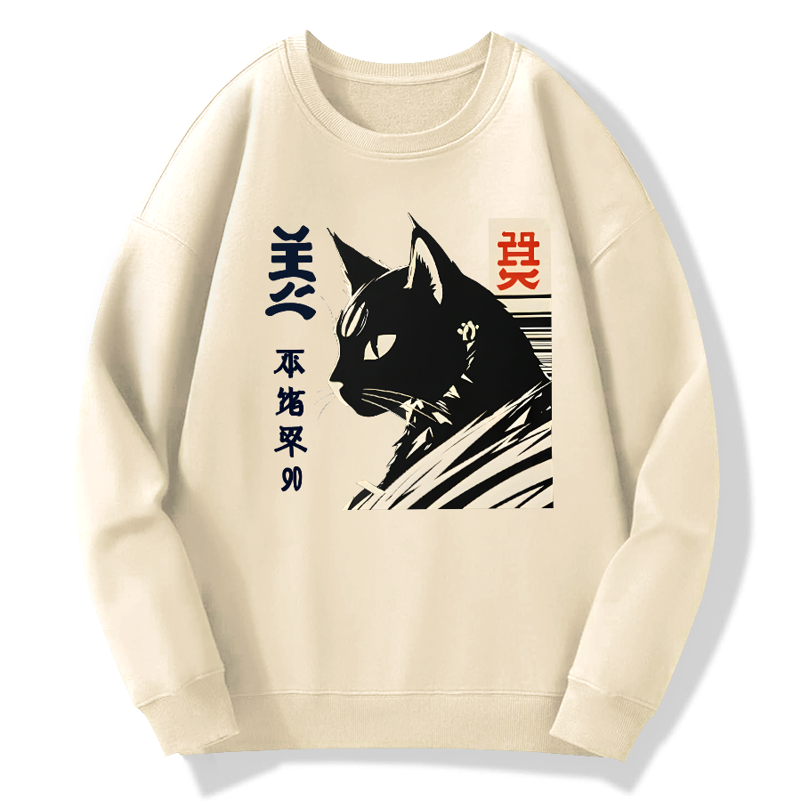 Japanese Black Cat Cotton Pullover Sweatshirt