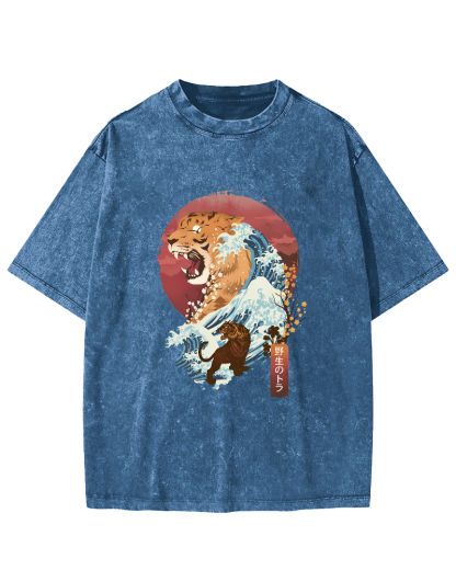 Tiger in Japanese Waves Vintage Distressed T-shirt-Zazasy
