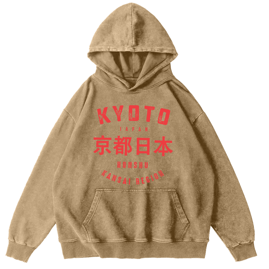 Kyoto Japanese Script Vintage Distressed Hoodie-Zazasy