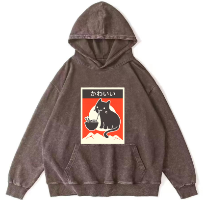 Noodle Loving Cat Patterned Washed Hoodie-Zazasy