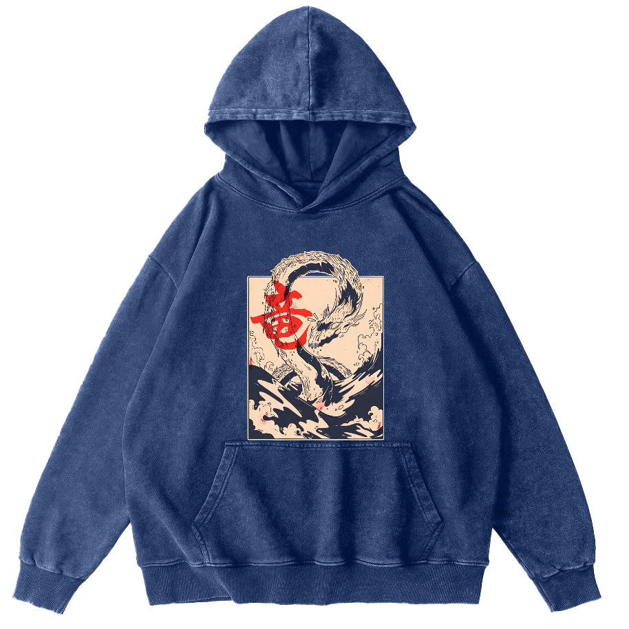 Kobe Water Dragon Japanese Style Vintage Distressed Hoodie-Zazasy