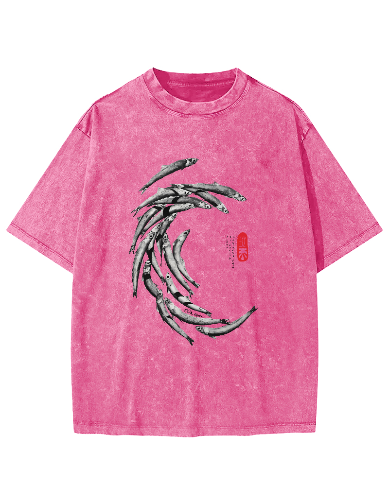 Japanese Fchool Of Fish Pattern Vintage Distressed T-shirt-Zazasy