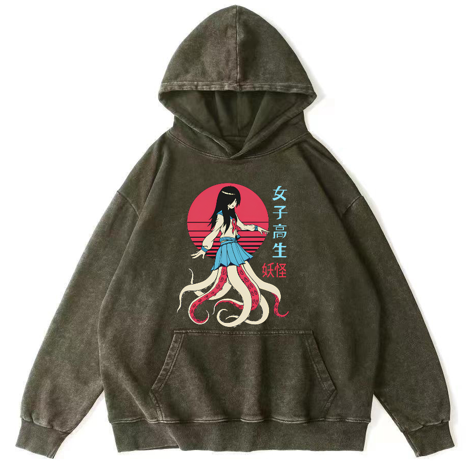 Female Octopus Monster Vintage Distressed Hoodie-Zazasy
