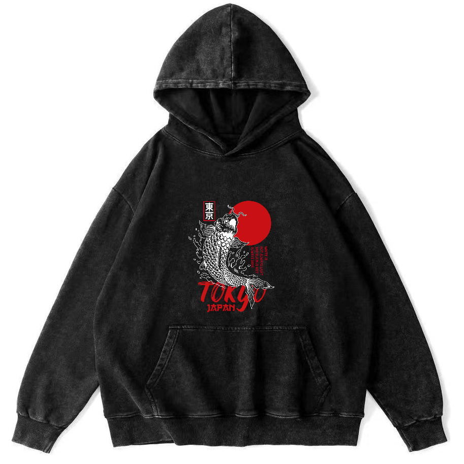 Tokyo Koi Pattern Vintage Distressed Hoodie-Zazasy
