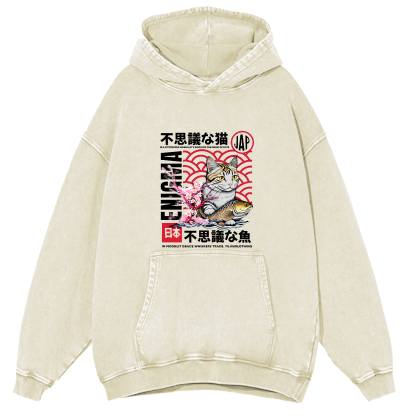 Japanese Cat Pattern Vintage Distressed Hoodie-Zazasy