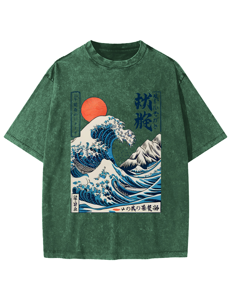 Ukiyo-e ocean Waves Vintage Washed T-shirt-Zazasy