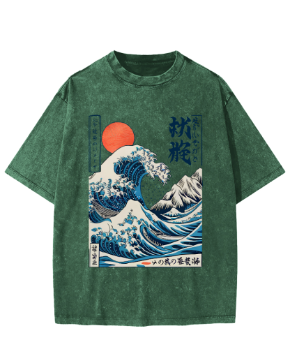 Ukiyo-e ocean Waves Vintage Washed T-shirt-Zazasy