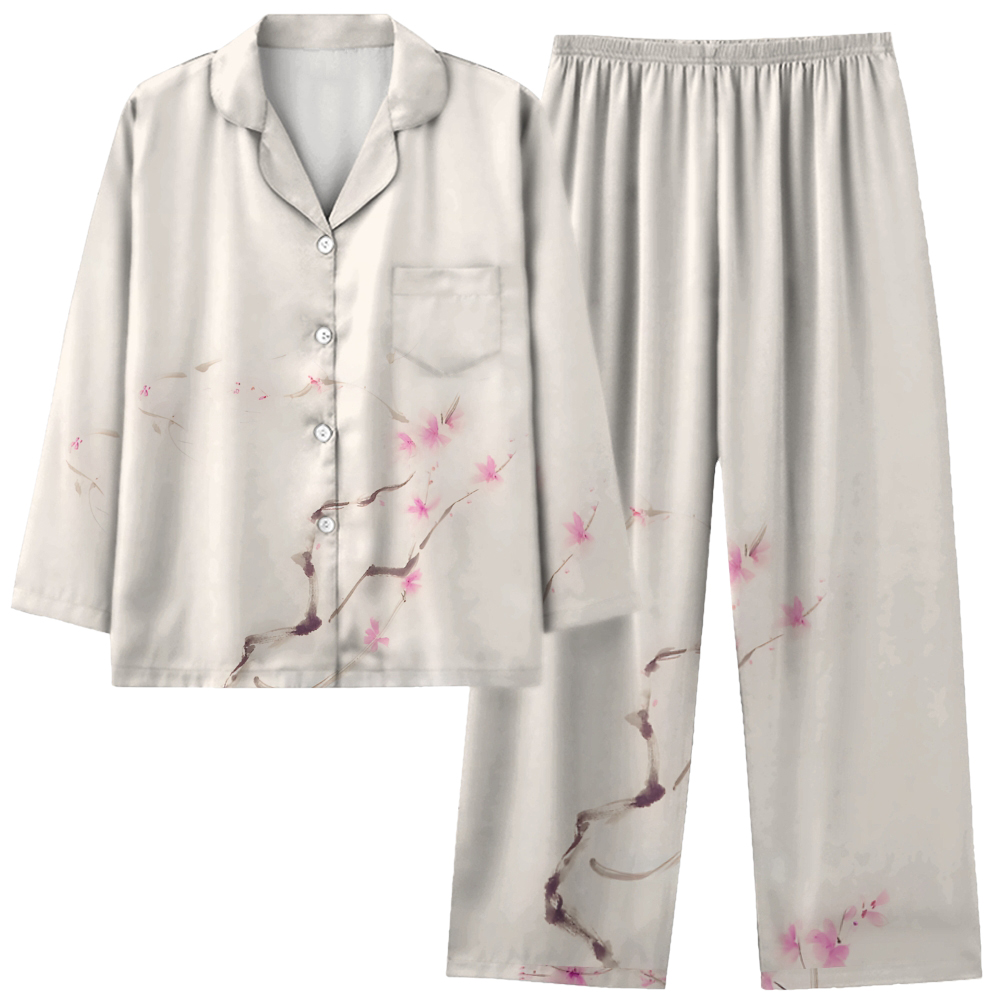 Plum Blossom Simple and Comfortable Long Sleeve Shirt and Pajama Set