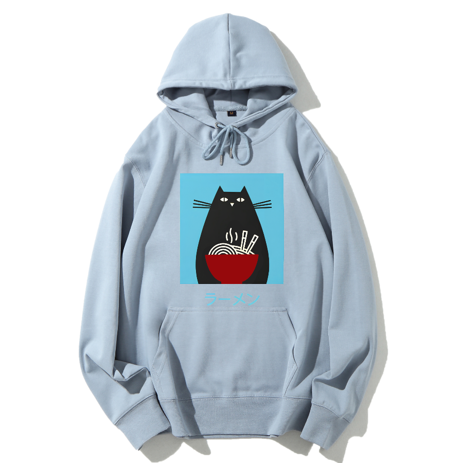Black cat likes to eat Lamian Noodles Cotton Hoodie