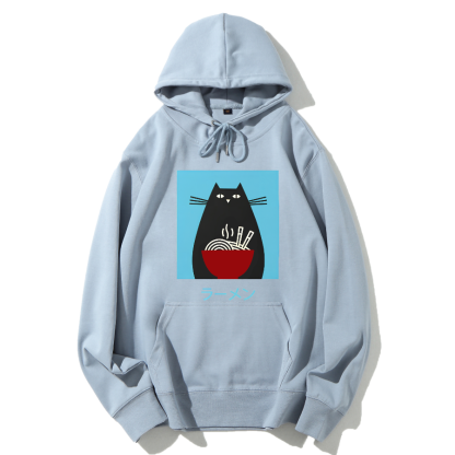 Black cat likes to eat Lamian Noodles Cotton Hoodie