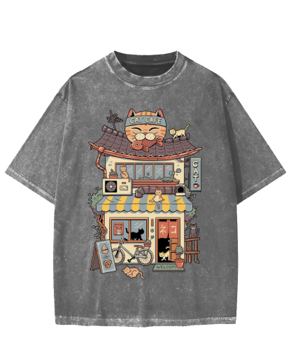 Japanese Cat Cafe Vintage Washed T-shirt