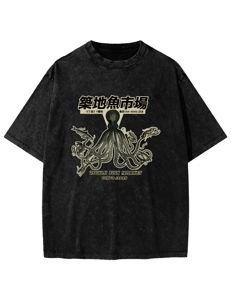 Japanese Octopus Pattern Vintage Distressed T-shirt-Zazasy