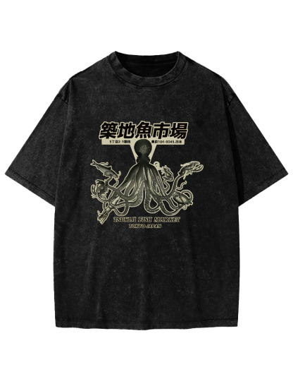 Japanese Octopus Pattern Vintage Distressed T-shirt-Zazasy