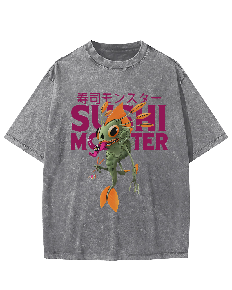 Monster Sushi Vintage Washed T-shirt-Zazasy
