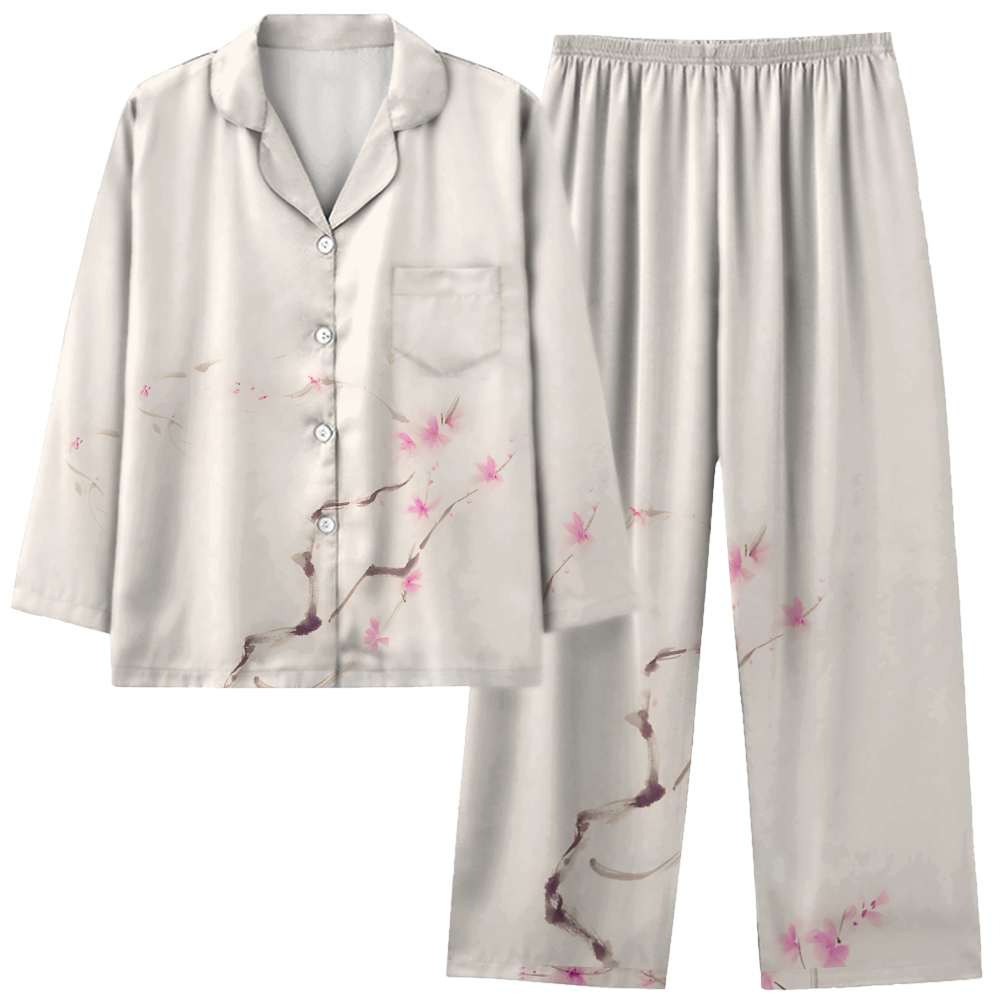 Plum Blossom Simple and Comfortable Long Sleeve Shirt and Pajama Set
