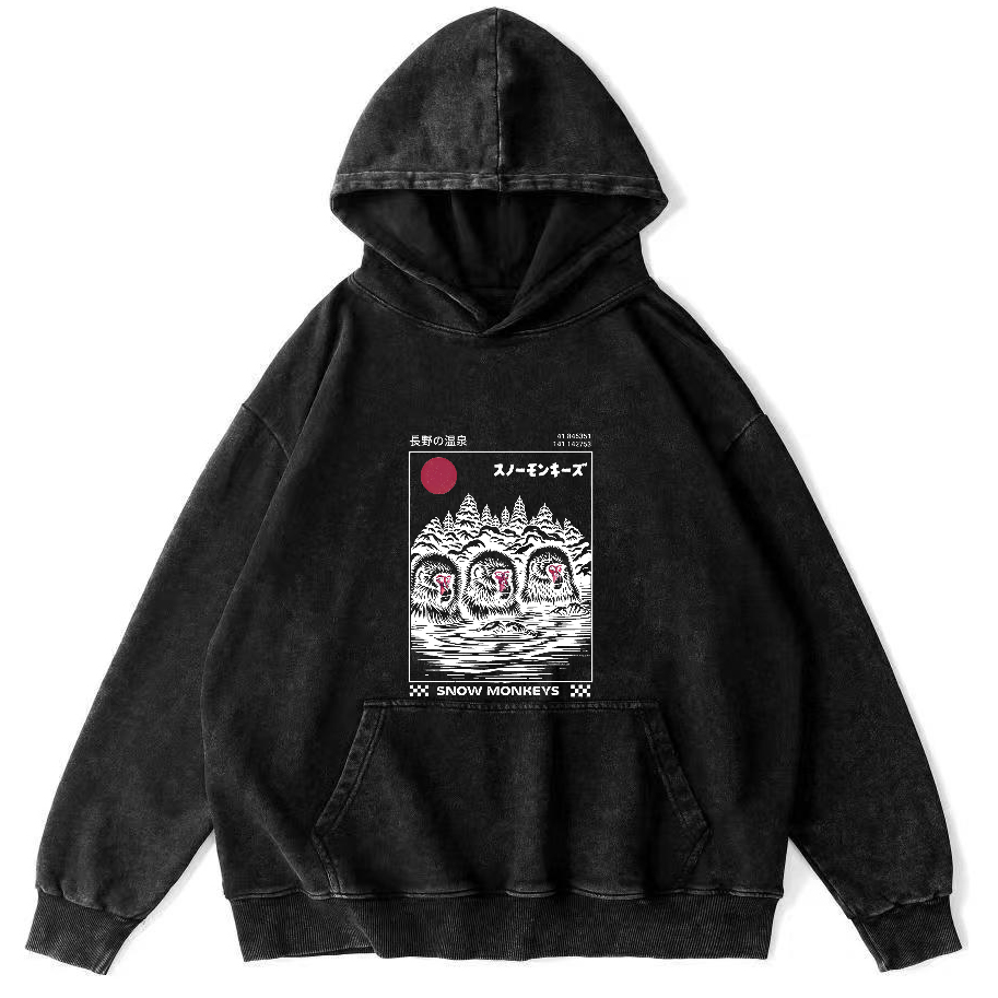 Monkey Pattern In Hot Springs, Japanese Style Vintage Distressed Hoodie-Zazasy