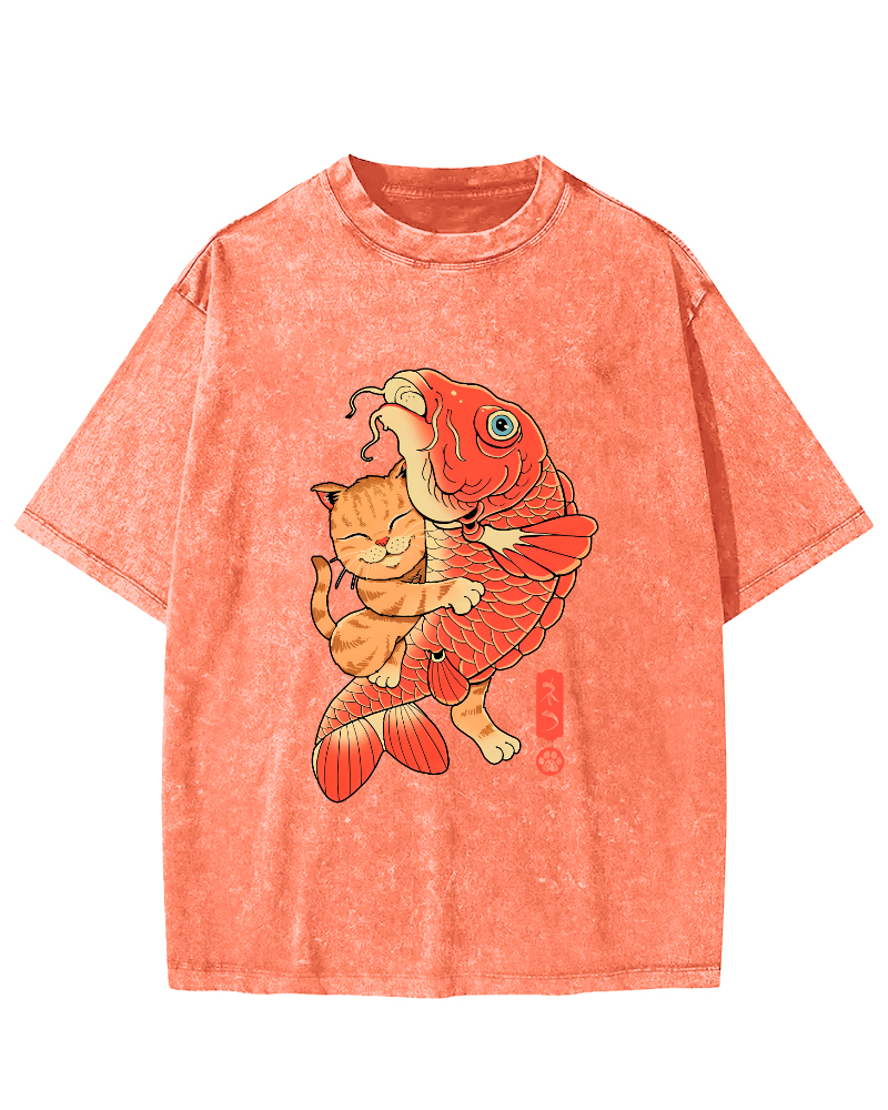 Japanese Style Cat Holding Koi Fish Vintage Distressed T-shirt-Zazasy