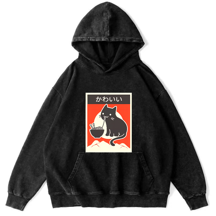 Noodle Loving Cat Patterned Washed Hoodie-Zazasy