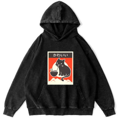 Noodle Loving Cat Patterned Washed Hoodie-Zazasy