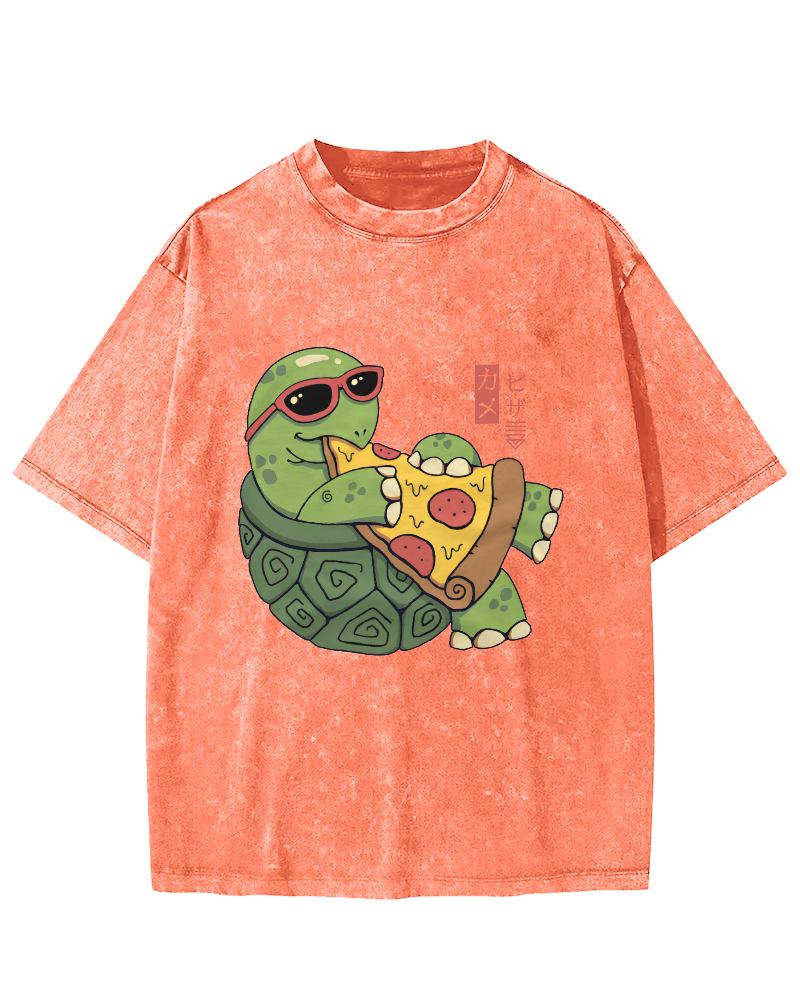 Turtle Japanese Style Pizza Lover Vintage Distressed T-shirt-Zazasy