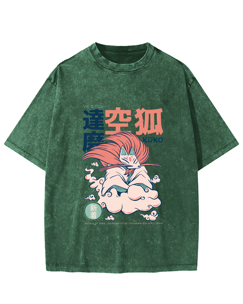 Japanese Abstract And Personalized Fox Pattern Vintage Distressed T-shirt-Zazasy