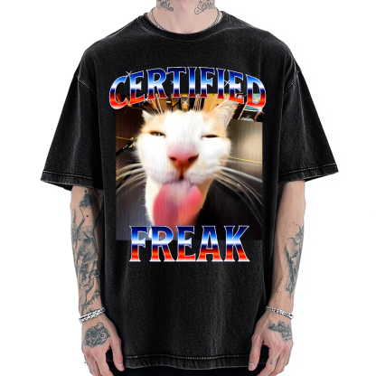Certified Freak Cat Tongue Out - Funny Meme Cat Vintage Washed T-shirt