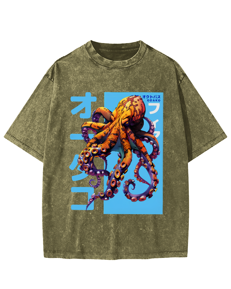 Octopus Monster Japanese Vintage Washed T-shirt-Zazasy
