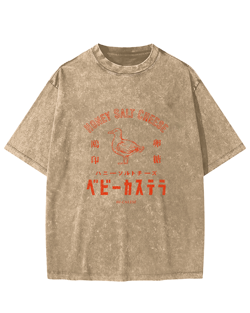 Japanese Retro Duck Pattern Vintage Distressed T-shirt-Zazasy