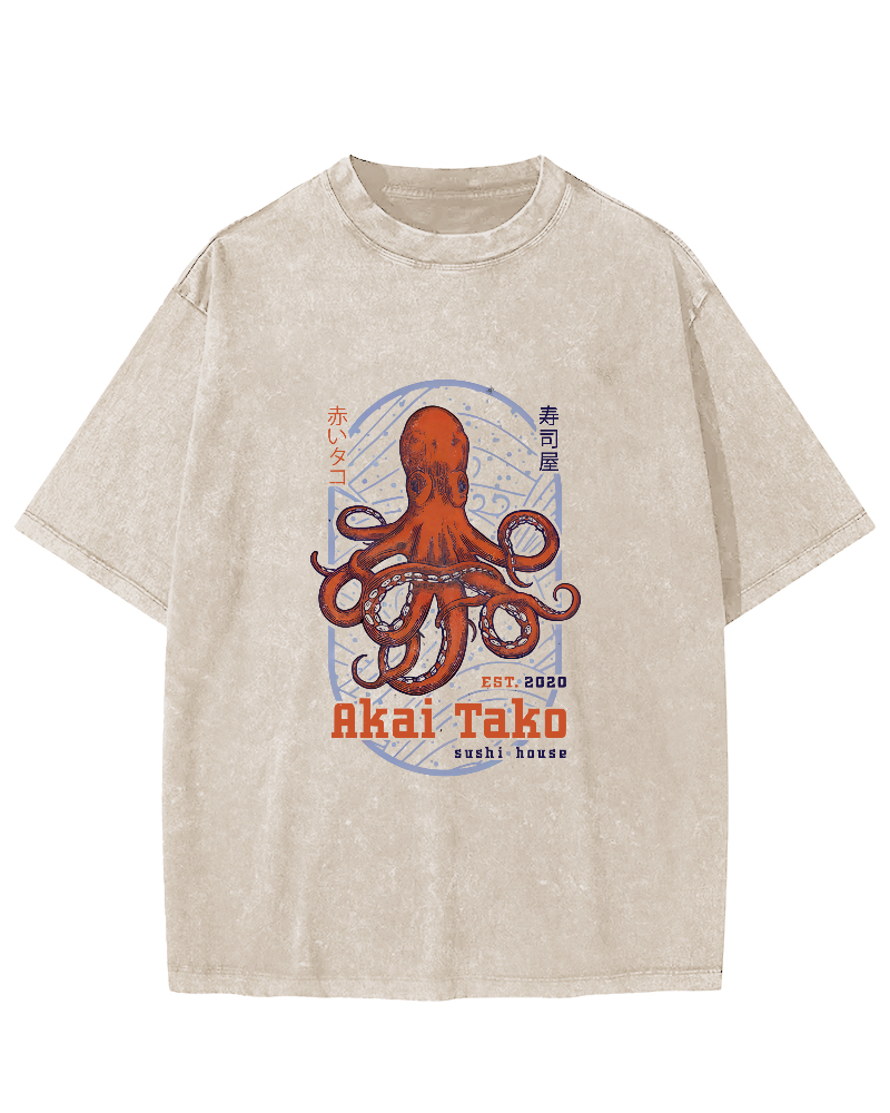 Retro Octopus Japanese Style Vintage Distressed T-shirt-Zazasy