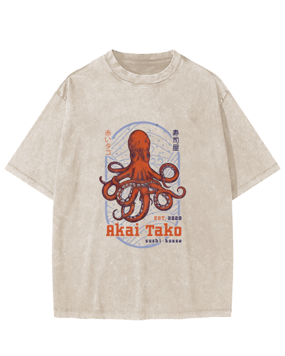Retro Octopus Japanese Style Vintage Distressed T-shirt-Zazasy