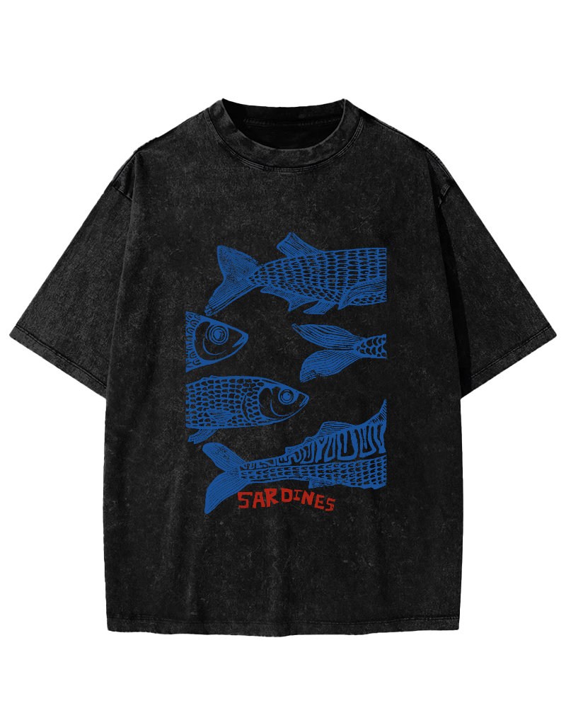Retro Sea Fish Pattern Vintage Distressed T-shirt-Zazasy