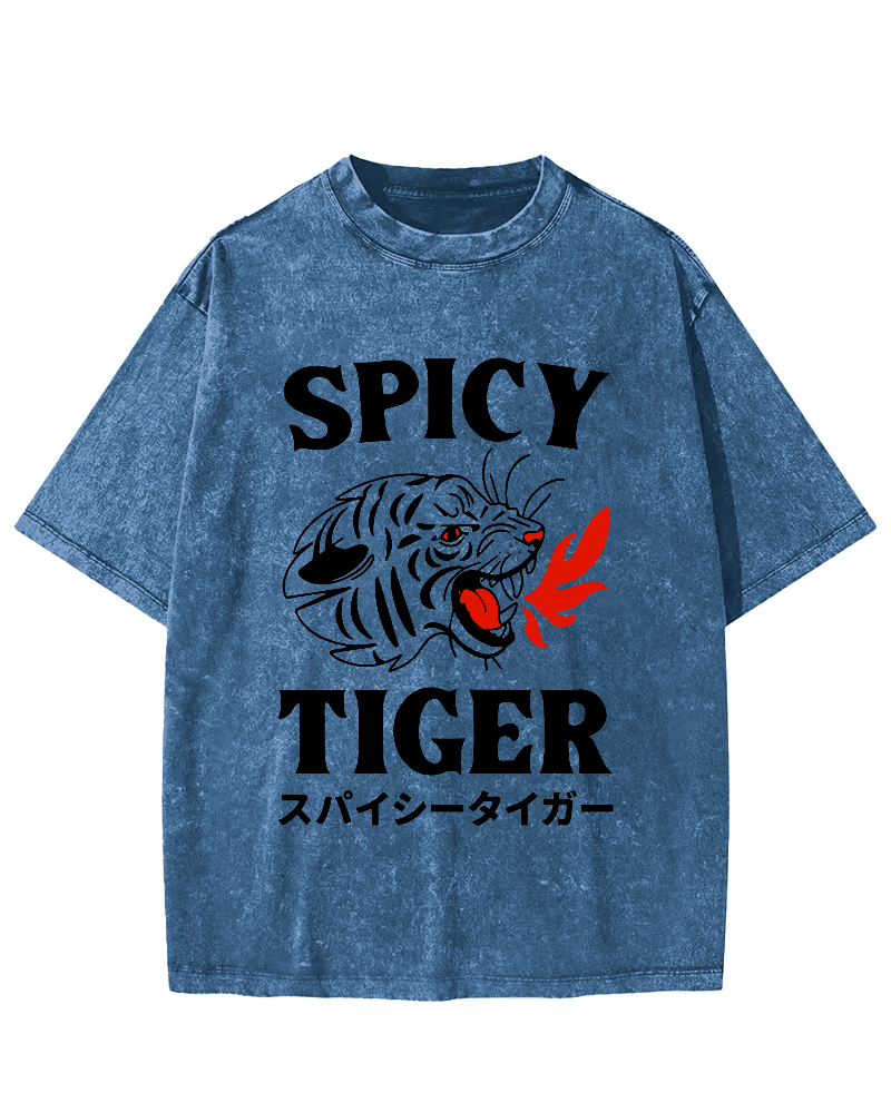 Eating Too Spicy Tiger Japanese Style Food Vintage Washed T-shirt-Zazasy