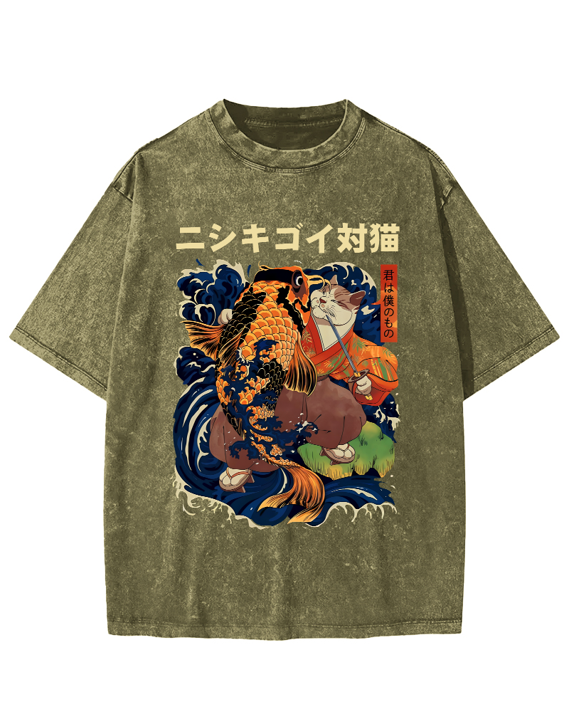 Koi and Cat Japanese Style Vintage Distressed T-shirt-Zazasy