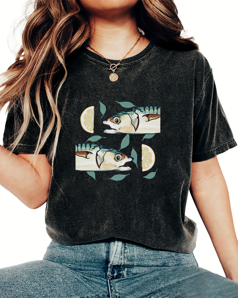 Japanese Lemon Fish Pattern Vintage Distressed T-shirt-Zazasy