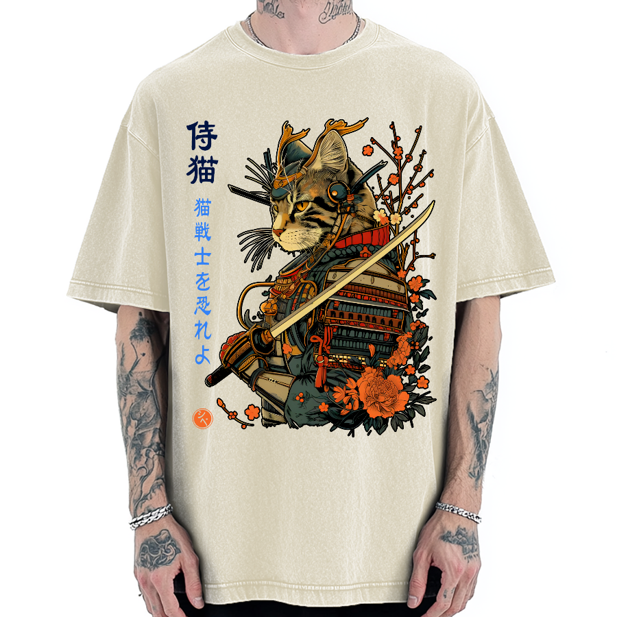 Cat Samurai Japanese Art Vintage Washed T-shirt