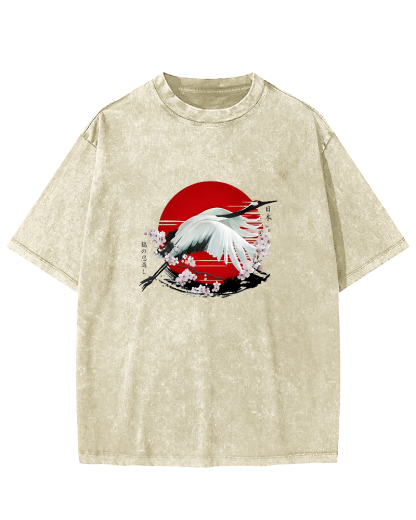 Japanese Flying Crane Pattern Vintage Distressed T-shirt-Zazasy