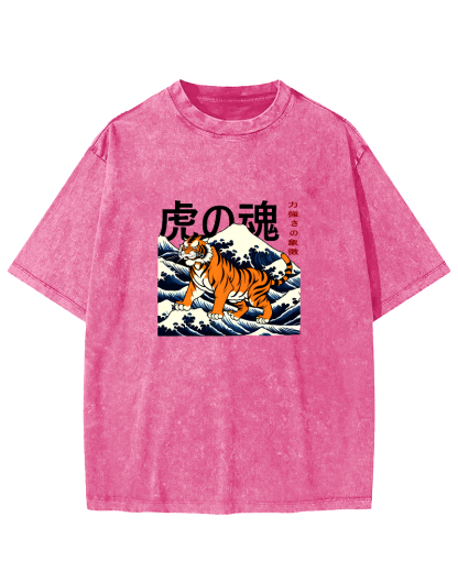 Japanese Tiger Soul Pattern Vintage Distressed T-shirt-Zazasy