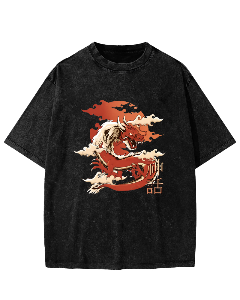 Japanese Dragon Pattern Vintage Distressed T-shirt-Zazasy