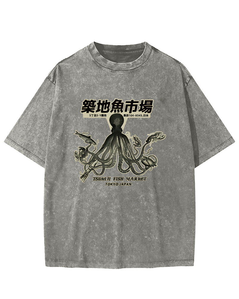 Japanese Octopus Pattern Vintage Distressed T-shirt-Zazasy