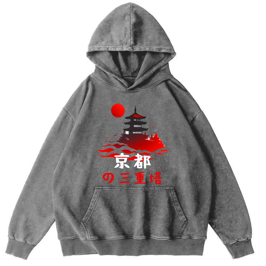 Kyoto Triple Tower Vintage Washed Hoodie-Zazasy