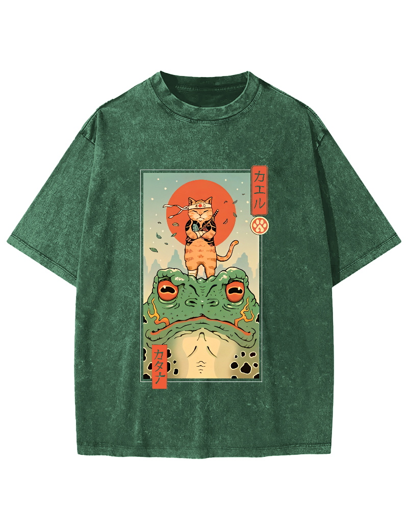 Frog And Cat Japanese  Vintage Distressed T-shirt-Zazasy